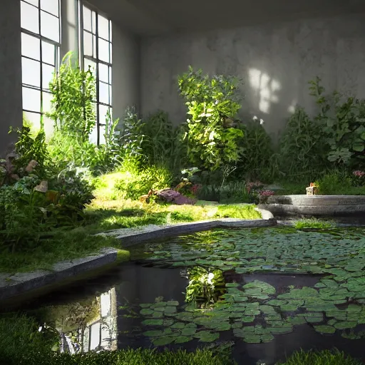 Image similar to a garden with a small pond inside an empty room, atmospheric lighting, octane render, unreal engine, 8 k