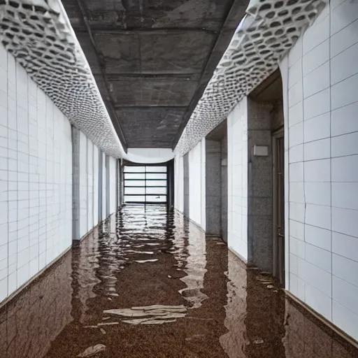 Image similar to photo of a vast interior space of irregular rooms and corridors, bizarre architecture. ceramic white tiles on all the walls. the floor is flooded with shallow water.