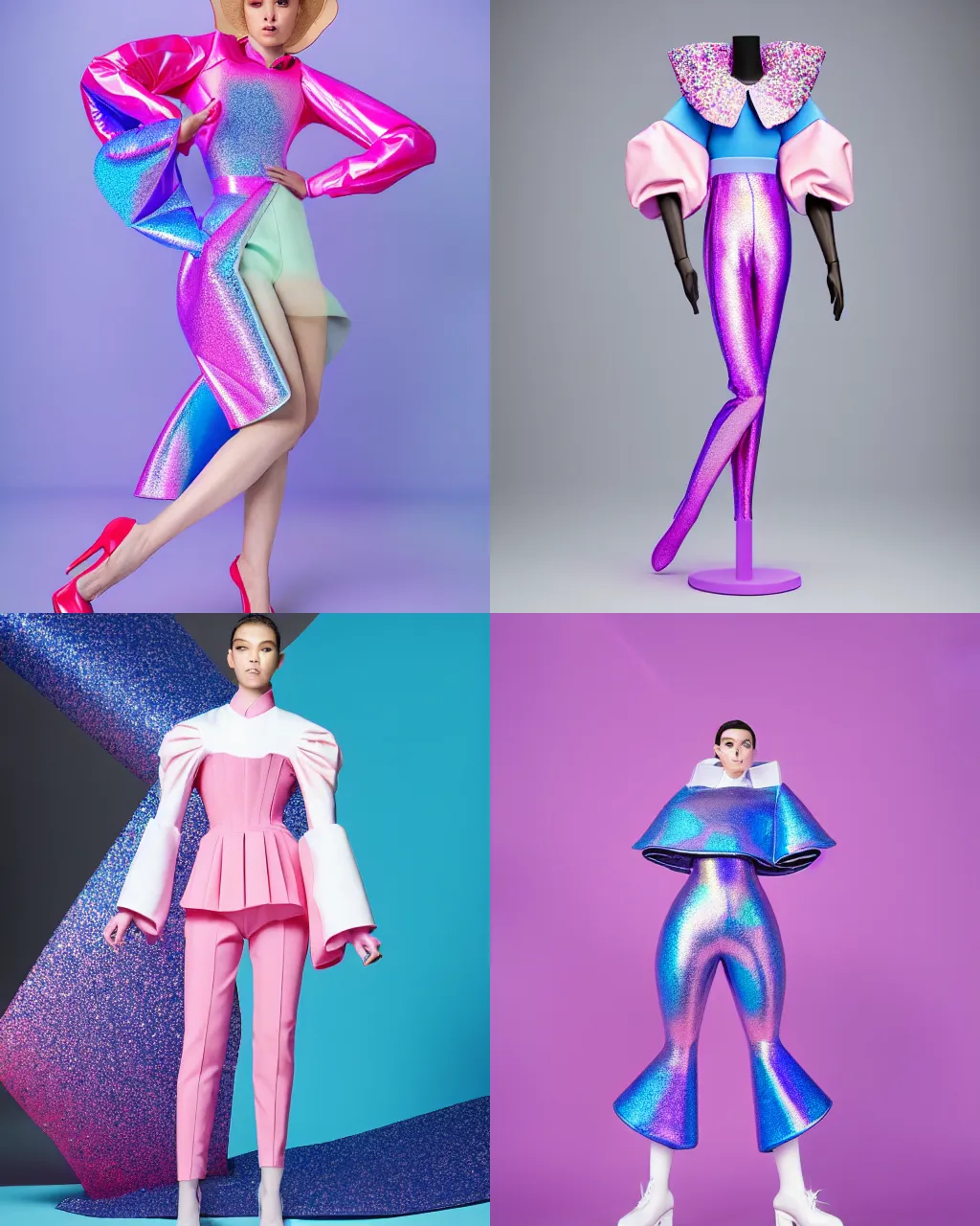 Prompt: pip - pop figure collection ball shaped accordion sleeve haute couture, sailor uniform, coat, synthetic curves striking pose, dynamic folds, cute pockets, volume flutter, youthful, modeled by modern designer bust, body fit, award fashion, picton blue, petal pink gradient scheme, holographic tones, expert composition, professional retouch, editorial photography