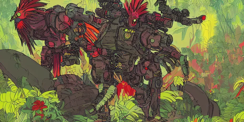 Image similar to colorful illustration of a fully armoured fighting rooster in a dense jungle, mix of styles, dieselpunk, angry, aggressive, blood, ghost in the shell color scheme