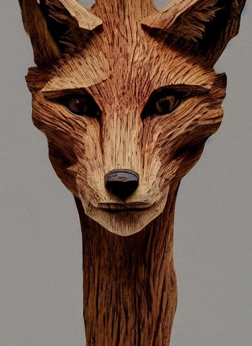 Image similar to sculpture of fox made of wood, portrait, female, future, wood, tree, harper's bazaar, vogue, magazine, insanely detailed and intricate, concept art, close up, ornate, luxury, elite, elegant, trending on artstation, by ruan jia, by Kenneth Willardt, by ross tran, by WLOP, by Andrei Riabovitchev,