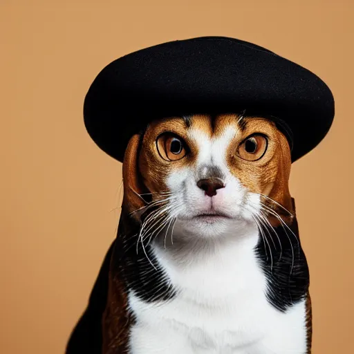 Image similar to beagle cat with a hat, black background, head shot, studio, 38mm