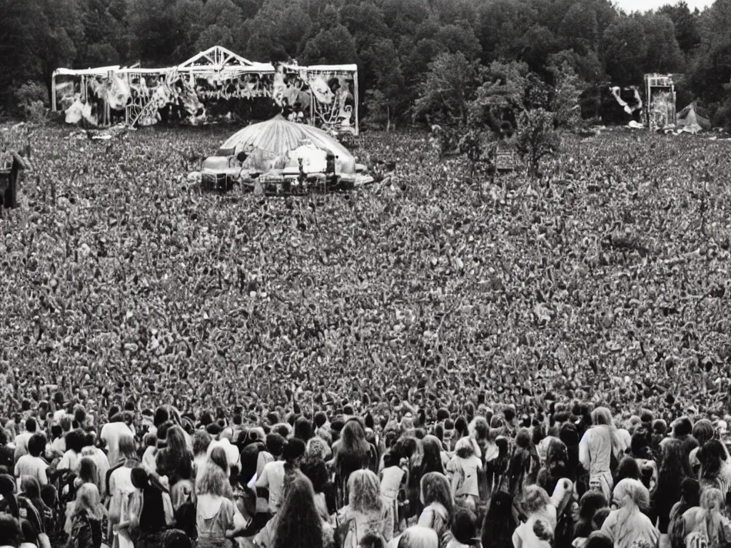 Image similar to 70s photo of trippy hippy festival Woodstock stage show with giant psychedelic mushrooms