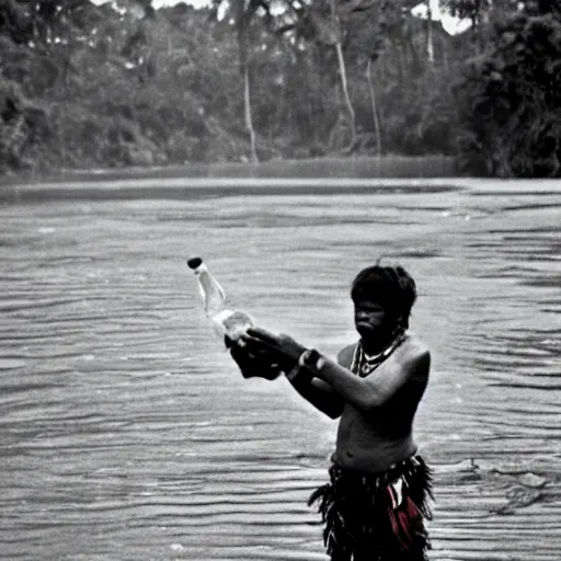 Prompt: Portrait of an Amazon indigenous tribe leader finding a plastic bottle at the shore of the Amazon River, 1980s photography