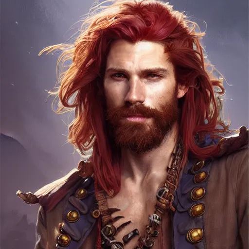 Image similar to portrait of a young ruggedly handsome but joyful pirate, male, masculine, upper body, red hair, waist long hair, d & d, fantasy, intricate, elegant, highly detailed, digital painting, artstation, concept art, matte, sharp focus, illustration, art by artgerm and greg rutkowski and alphonse mucha