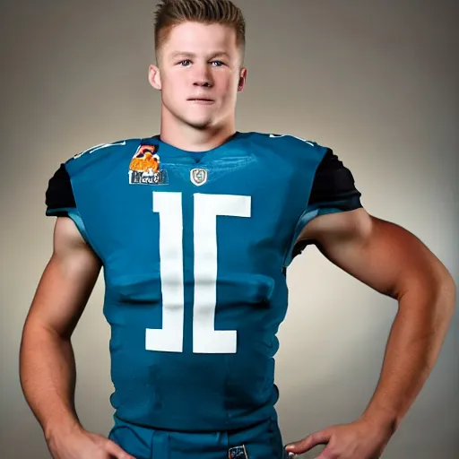 Prompt: a realistic detailed photo of a guy who is an attractive humanoid who is half robot and half humanoid, who is a male android, football player christian mccaffrey, shiny skin, posing like a statue, blank stare, at the photo shoot, on display