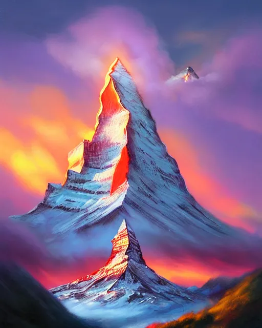 Prompt: the matterhorn, sunset, hyper realistic, artstation, illustration, nicoletta ceccoli, mark ryden, lostfish, dan decarlo, bob clampett, max fleischer, digital paint, matte paint, vivid colors, detailed and intricate environment