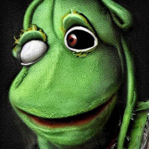 Prompt: surrealism grunge cartoon portrait sketch of Kermit The Frog, by michael karcz, loony toons style, freddy krueger style, horror theme, detailed, elegant, intricate