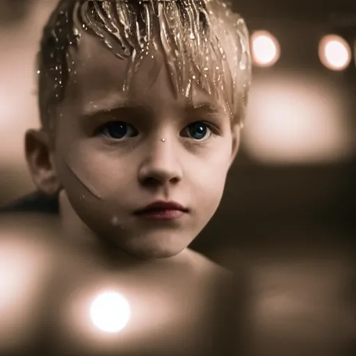 Prompt: cinestill 5 0 d candid photographic portrait by christopher nolan of a young blond child in front of a computer, extreme closeup, modern cyberpunk moody emotional cinematic, pouring rain menacing lights shadows, 8 k, hd, high resolution, 3 5 mm, f / 3 2, ultra realistic faces, ex machina