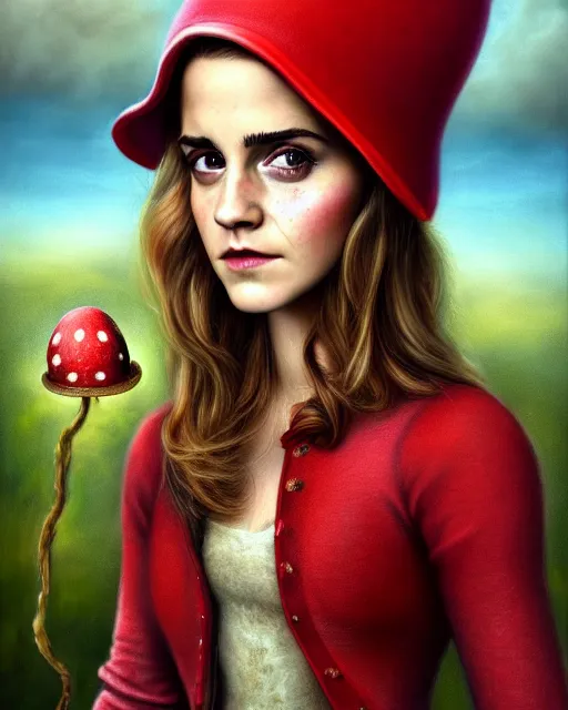 Image similar to highly detailed closeup, of emma watson, dressed in a red mushroom hat and clothes, full face view, on a battlefield, hyper realistic, psychedelic, illustration, nicoletta ceccoli, mark ryden, lostfish, dan decarlo, bob clampett, max fleischer, digital paint, matte paint, vivid colors, detailed and intricate environment