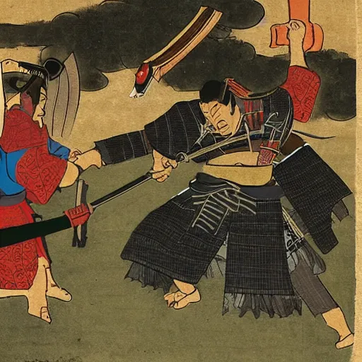 Prompt: A samurai fights a demon while the village peasants watch in horror