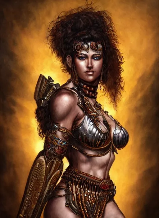 Image similar to a highly detailed symmetrical full body painting of a female amazon warrior with piercing beautiful eyes in dark tomb setting, dynamic lighting, ambient lighting, deviantart, art by artgerm and karol bak and mark brooks