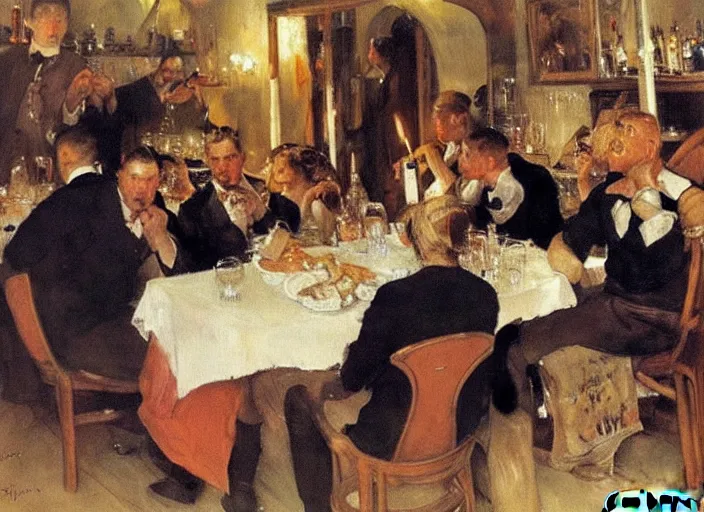 Image similar to men having dinner, singing, roaring twenties, cellar, masterpiece, torches on wall, meat, wine, schnapps, smoking cigars, scantily clad blondes, oil painting by anders zorn and carl larsson, art nouveau