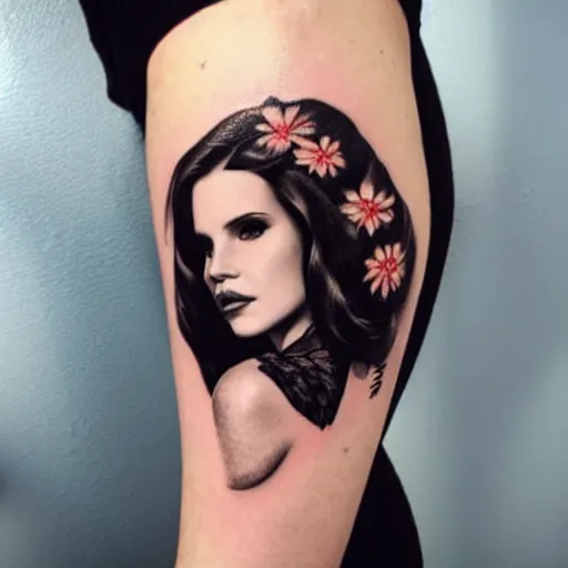 Image similar to Lana del rey tattoo design, photorealistic, dramatic