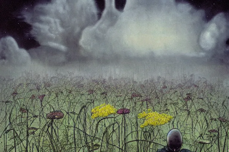 Prompt: surreal painting by moebius and enki bilal!!, a lot of garden wild flowers + poison toxic mushrooms + long grass + garden dwarfs + giant fly! + mystic fog, 5 0's vintage sci - fi style, rule of third!!!!, cinematic, 8 k, super detailed, high quality, beautiful dynamic dramatic very dark moody contrast