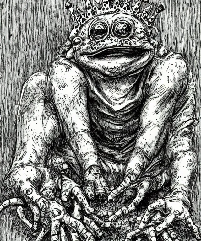 Image similar to frog boy farmer finds the clown crown in the dirt, clown crown, moment of destiny, artwork by Kentaro Miura