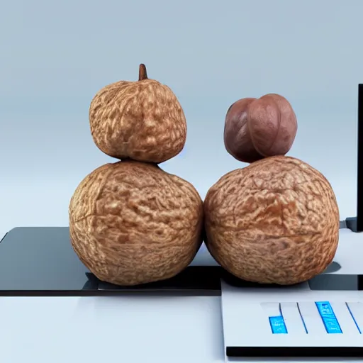 Image similar to two walnuts staring at someone on a computer, 3 d render