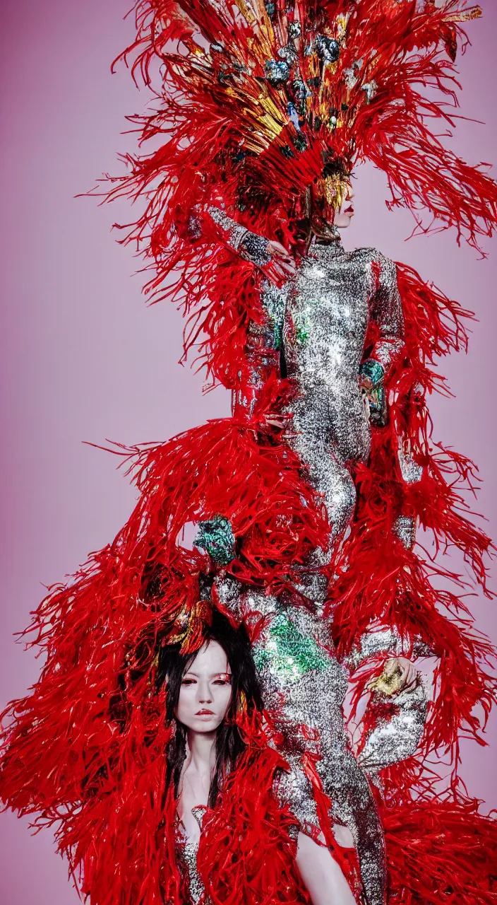 Image similar to photo from a fashion shoot, a female fashion character design wearing a red sequined bodysuit, alexander mcqueen headdress, costume by eiko ishioka, haute couture, steven outram, colorful and psychedelic