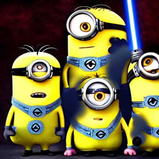 Image similar to the minions having a lightsaber duel with the minions,