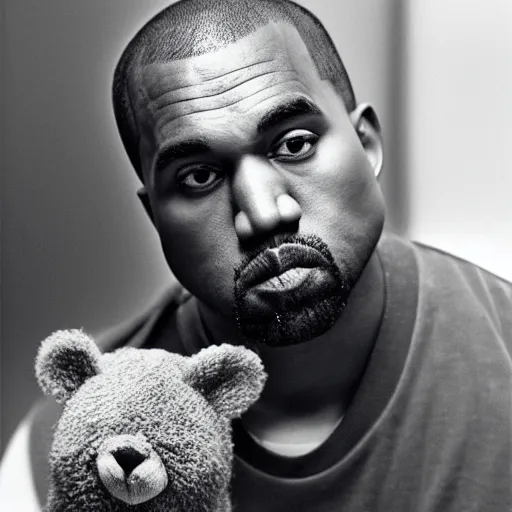 Image similar to Portrait studio photograph of Kanye West holding a anthropomorphic teddy bear, close up, shallow depth of field, in the style of Felice Beato, Noir film still, 40mm