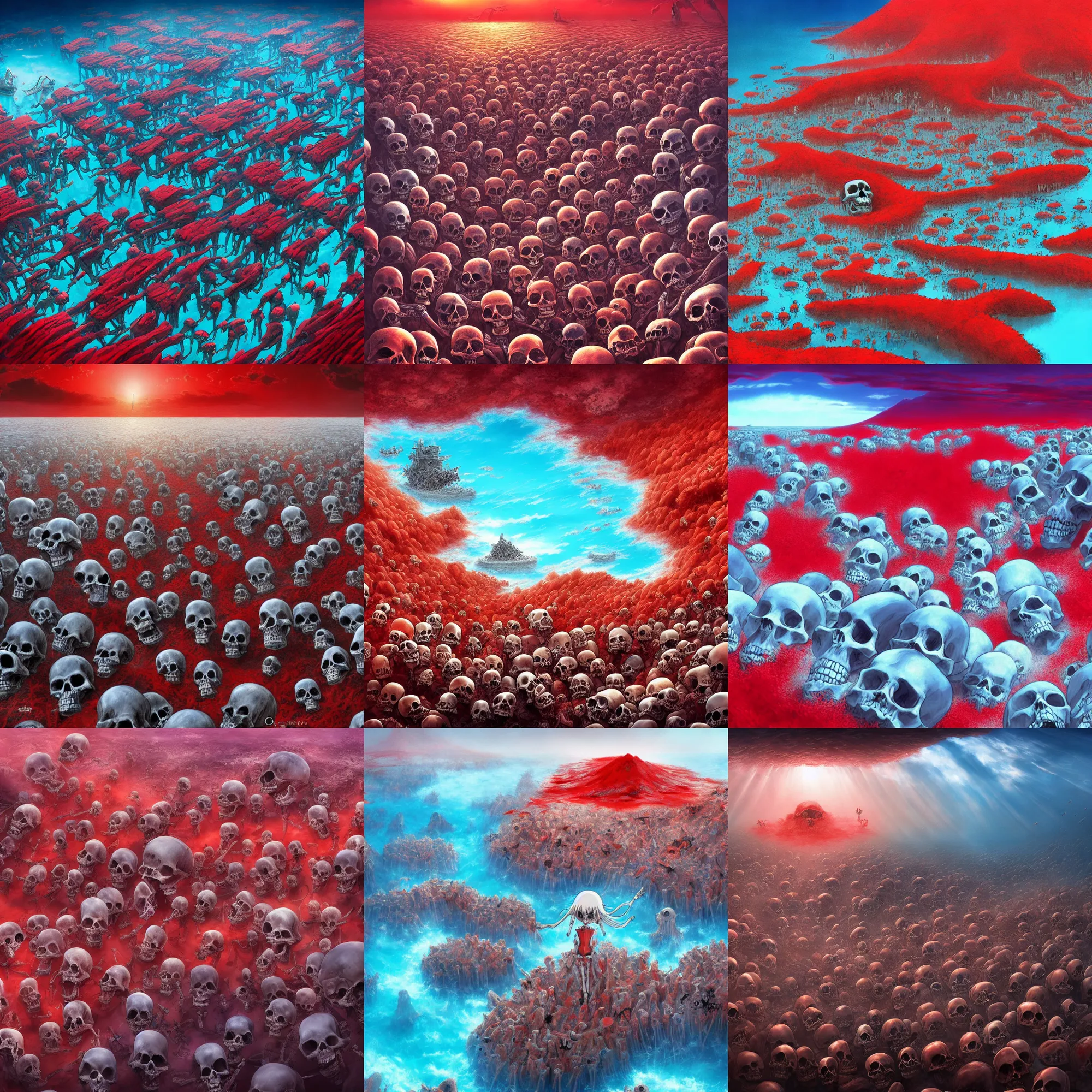 Prompt: surreal red sea filled with skeletons and skulls by hayao miyazaki, digital art. surreal. trending on art station. anime arts. featured on Pixiv, HD, 8K, highly detailed, good lighting. beautiful. epic.