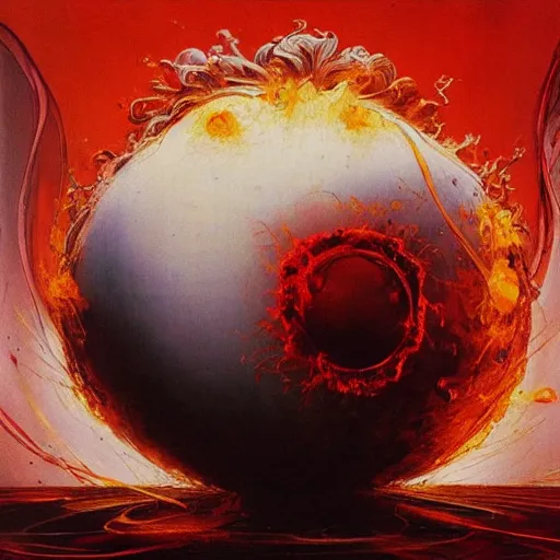 Image similar to a sphere being devoured by abstract splatters of paint in the style of francis bacon, venus being engulfed in flames in the style of james jean, surreal, beksinski, high detailed