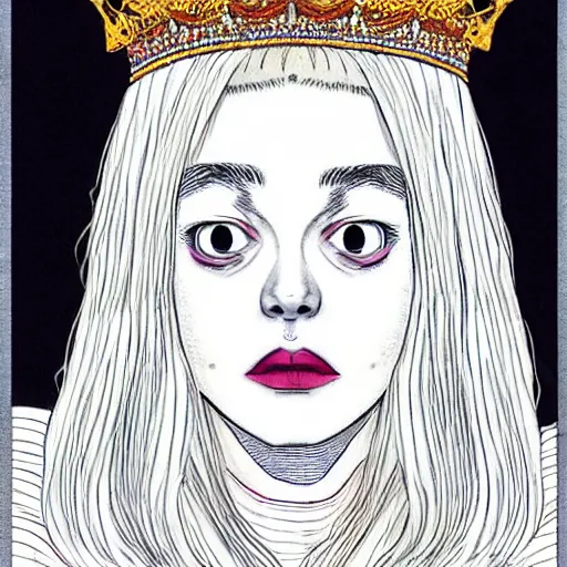 Image similar to a horror hyper real illustration of Elle Fanning with a crown by Junji Ito