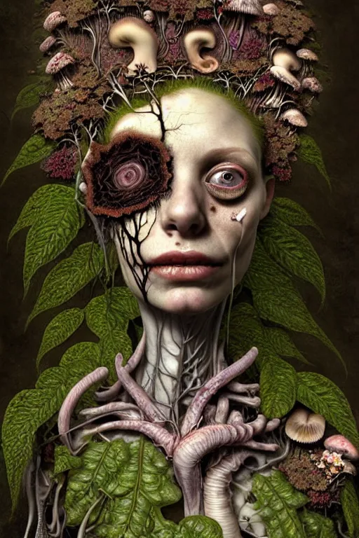 Prompt: very sad and detailed rotten woman corpse with fractal plants and fractal flowers and mushrooms growing around, face muscles, veins, arteries, intricate, ornate, surreal, ray caesar, john constable, guy denning, dan hillier