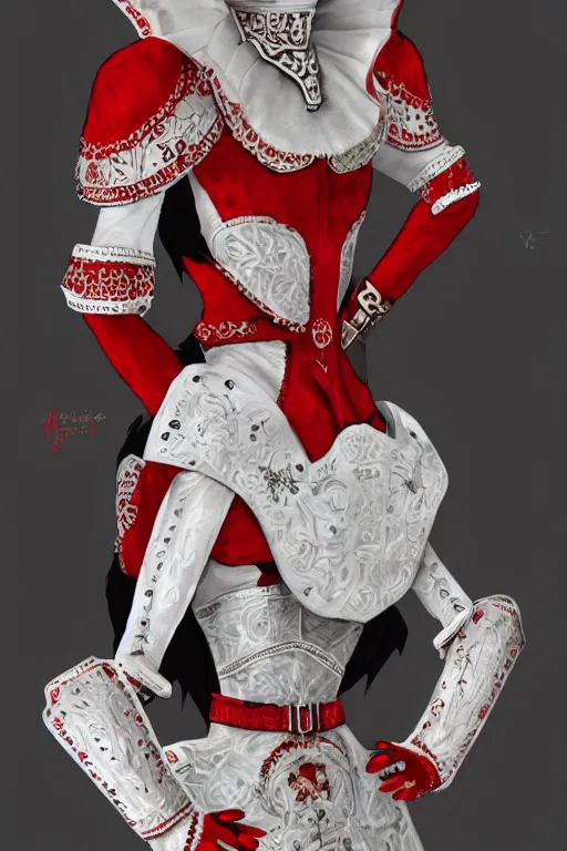 Image similar to female adventurer in tight full - body white embroidered leather armor of vyshyvanka design with red accents and a red porcelain crow mask, trending in artstation, ukrainian, establishing shot