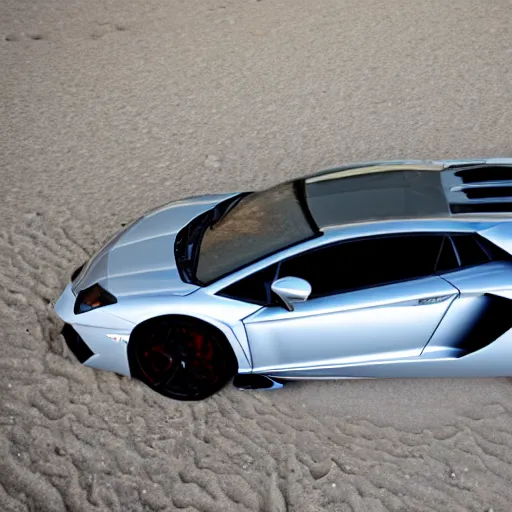 Image similar to A beautiful silver Lamborghini aventador on the beach, 8k, beautiful reflection