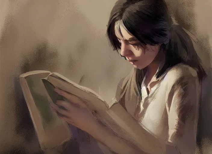 Prompt: a girl reading a book, her hair flowing down, in the style of craig mullins