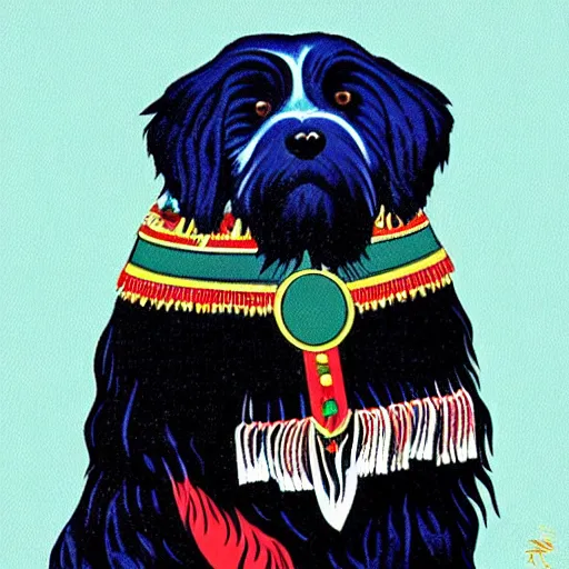 Image similar to tlingit haida lithographic, havanese dog,, simple colors, lithograph print by tristan - wolf reg davidson clifton guthrie maynard johnny jr. trending on society 6