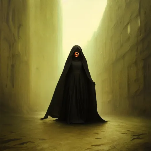 Image similar to a portrait of a young black woman wearing a long dark cloak, hood and shadows covering face, anatomically correct, beautiful perfect face, enigmatic, oil painting, matte painting, black background, Volumetric dynamic lighting, Highly Detailed, Cinematic Lighting, Unreal Engine, 8k, HD, by Beksinski