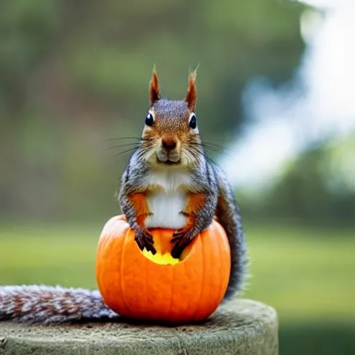 Image similar to squirrel with pumpkin on head