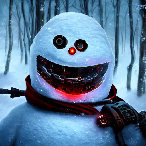 Image similar to a snowman, half made out of cyborg parts, with one glowing red eye, with an evil smile on his face, in the middle of a snow forest, dynamic lighting, photorealistic fantasy concept art, trending on art station, stunning visuals, creative, cinematic, ultra detailed