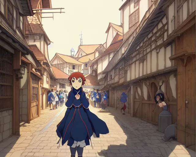 Image similar to anime visual, portrait of a young female walking through a busy medieval village, face by yoh yoshinari, murata range, jean giraud, last exile, blue submarine no 6, dynamic pose, dynamic perspective, detailed silhouette, cel shaded anime