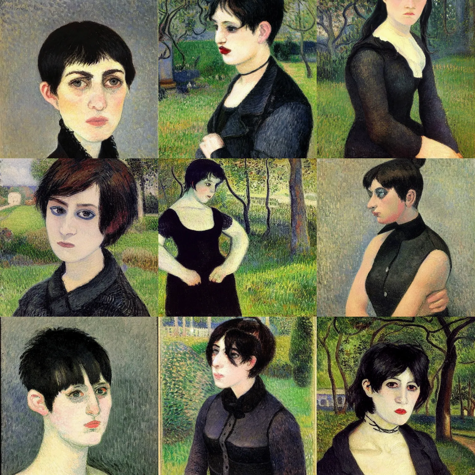 Prompt: A goth painted by Camille Pissarro. Her hair is dark brown and cut into a short, messy pixie cut. She has a slightly rounded face, with a pointed chin, large entirely-black eyes, and a small nose. She is wearing a black tank top, a black leather jacket, a black knee-length skirt, a black choker, and black leather boots.