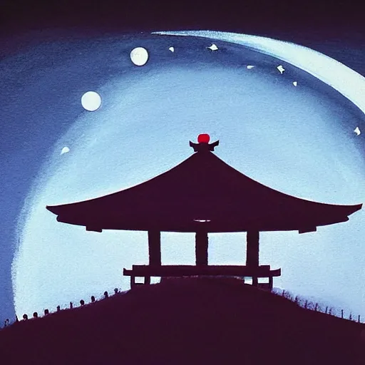 Prompt: a traditional Japanese quite Torii on a mountain, dark,night , MOON IN SKY, DARK PURPLE SCHEME, by studio ghibli painting