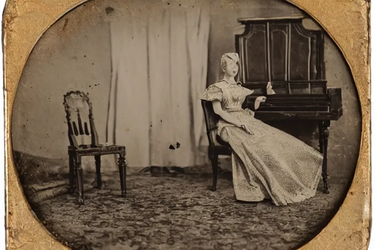 Prompt: detailed well - preserved daguerreotype of female android in beautiful victorian dress standing in decaying guest room with piano chairs furniture