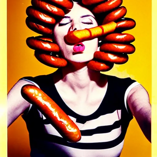 Prompt: a fashion model curls her hair using hot dogs. surreal photograph, toiletpaper magazine, 3 5 mm photograph, colourful, by pierpaolo ferrari, maurizio cattelan