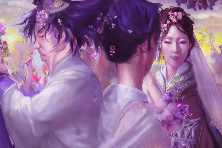 Image similar to a cinematic portrait of wedding photograph jpeg close up moment of a divine a japan sun god and moon goddess lovers magician at a wedding banquet. portraiture. digital painting. artstation. concept art. fantasy wedding photo. digital painting, 8 k realistic, hyper detailed, violet evergarden art masterpiece by art by krenz cushart