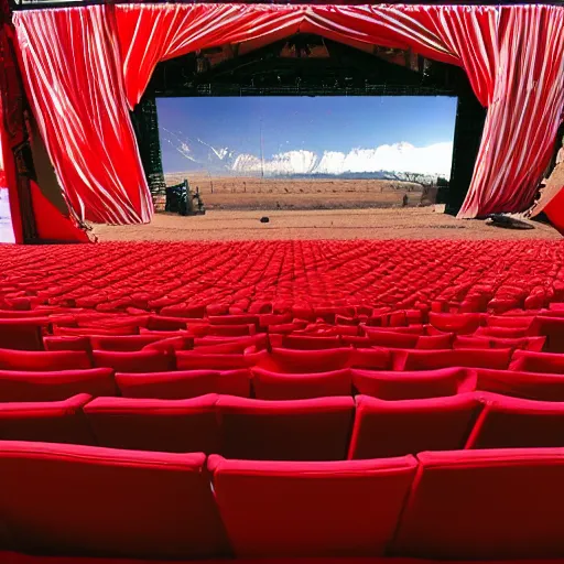 Image similar to pov seen from the stands of an outdoor show in a desert, the seats are in red velvet and comfortable, the stage is surrounded by wooden barriers