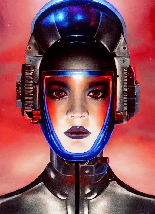 Image similar to ( ( symmetry ) ) closeup portrait of a chrome ( cyborg ) girl, fashion racer jumpsuit with shoulder pads, cinematic light, windy, red blue, ( ( volumetric smoke ) ), mist, by gerald brom, by mikhail vrubel, by peter elson, muted colors, extreme detail, trending on artstation, 8 k