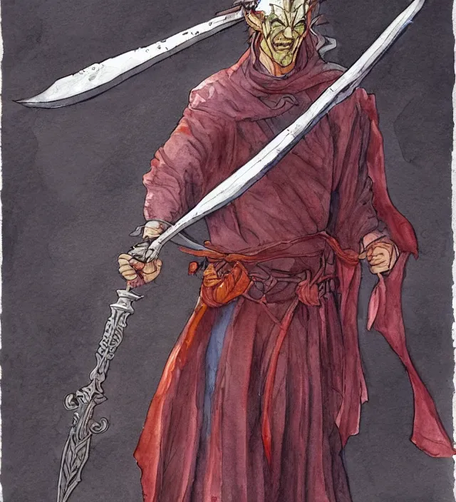 Prompt: a watercolor ink painting of a tiefling sorcerer holding an executioner's sword in the style of jean giraud in the style of moebius trending on artstation deviantart pinterest detailed realistic hd 8 k high resolution