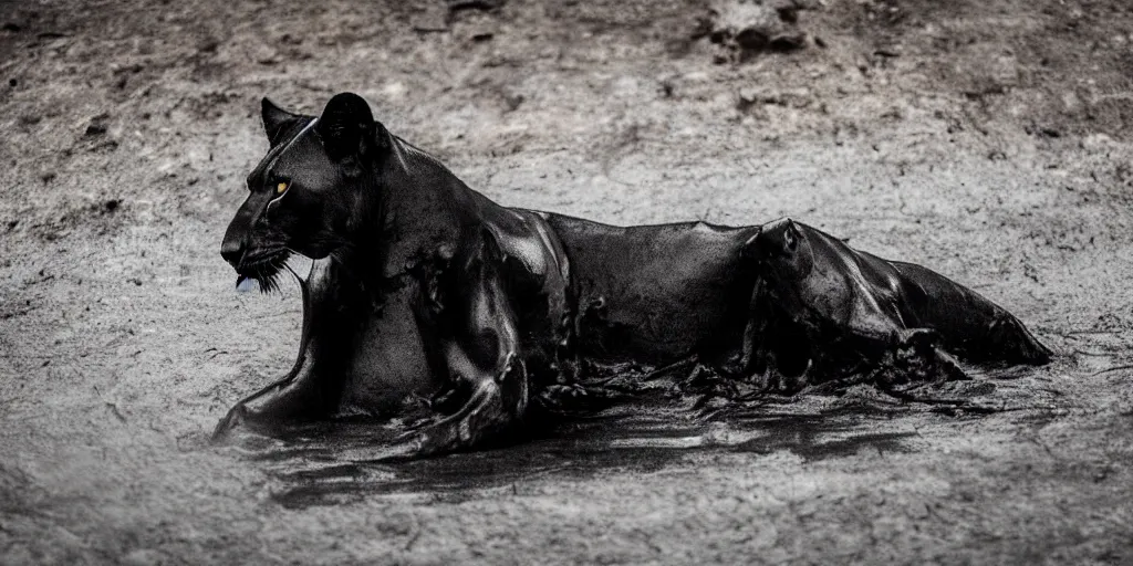 Image similar to a black lioness, made of black goo, bathing inside the lake of black goo, full of goo, covered with black goo. dslr, photography, realism, animal photography, color, savanna, wildlife photography, black goo