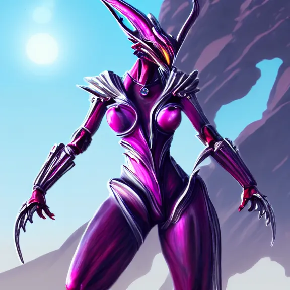 Prompt: extremely detailed giantess shot of a goddess that's a giant beautiful stunning anthropomorphic robot female dragon, standing majestically over mountains, elegant pose, streamlined shiny silver metal armor, fuchsia skin below the armor, sharp metal claws, long elegant tail, detailed warframe fanart, high quality digital art, giantess art, furry art, warframe art, furaffinity, DeviantArt, 8k HD, octane render
