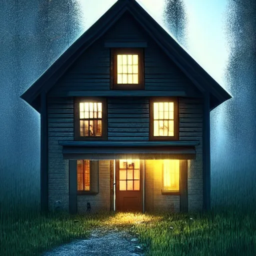 Image similar to a cottage in the woods with a notepad for front door, trending on artstation, detailed digital art, eerie thriller aesthetic!!!!,