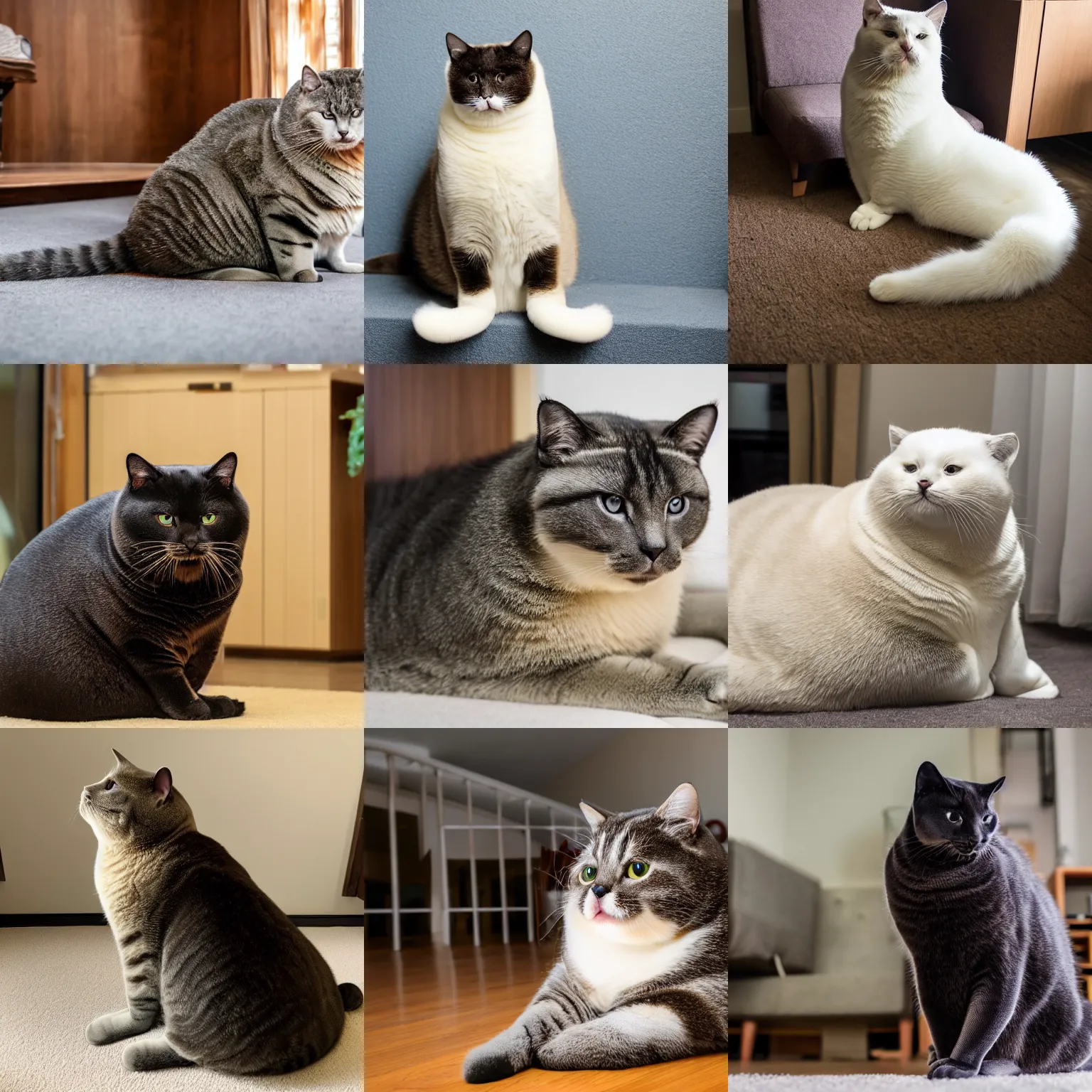 Prompt: a huge Chonker Cat sitting indoors, oh lawd he coming, professional photo, full body view, beautiful cat feet, ((((((((((((seal like figure)))))))))))), XF IQ4, 150MP, 50mm, F1.4, ISO 200, 1/160s, natural light