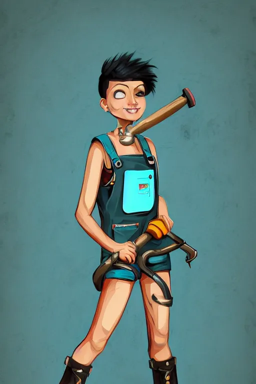Image similar to a beautiful androgynous punk girl with short turquoise hair who is a mechanic wearing overalls with a utility nag and holding a wrench, digital illustration, digital concept art, digital painting, decorative background, trending on artstation