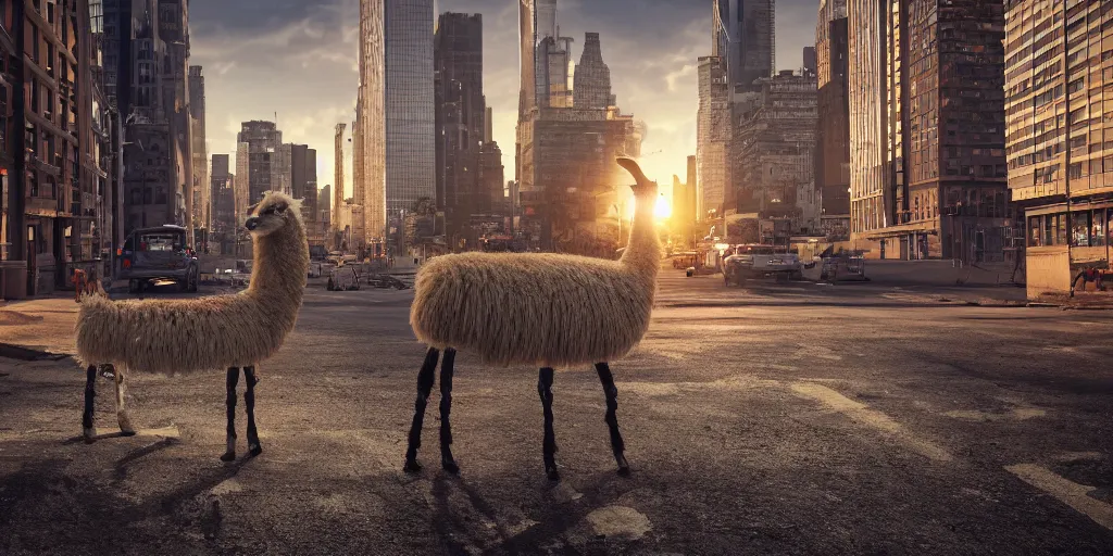 Prompt: a llama walking through a desolate city street at night, statue of liberty seen in the background, realistic 4 k octane beautifully detailed render, 4 k post - processing, highly detailed, intricate complexity, epic composition, magical atmosphere, cinematic lighting, masterpiece, ultra hd